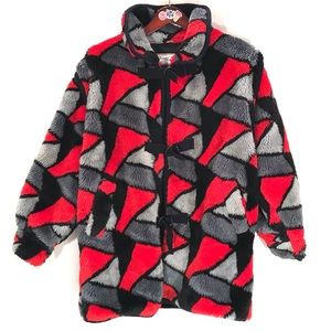Vintage funky faux fur abstract red grey and black geometric shapes retro jacket